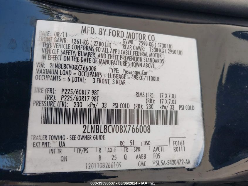 2011 Lincoln Town Car Signature Limited VIN: 2LNBL8CV0BX766008 Lot: 39598537