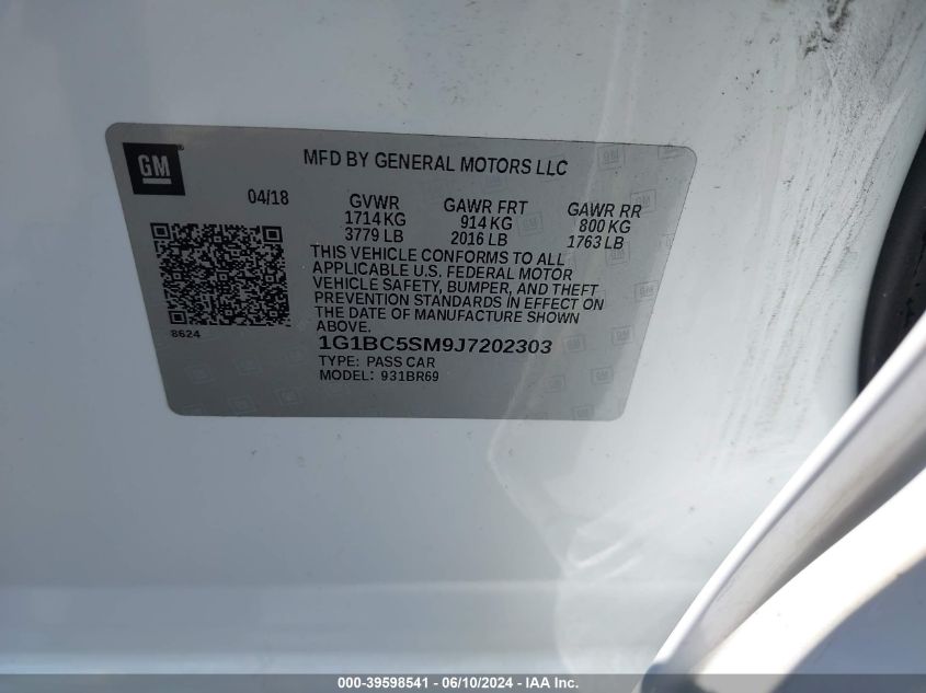 2018 Chevrolet Cruze Ls Auto VIN: 1G1BC5SM9J7202303 Lot: 39598541