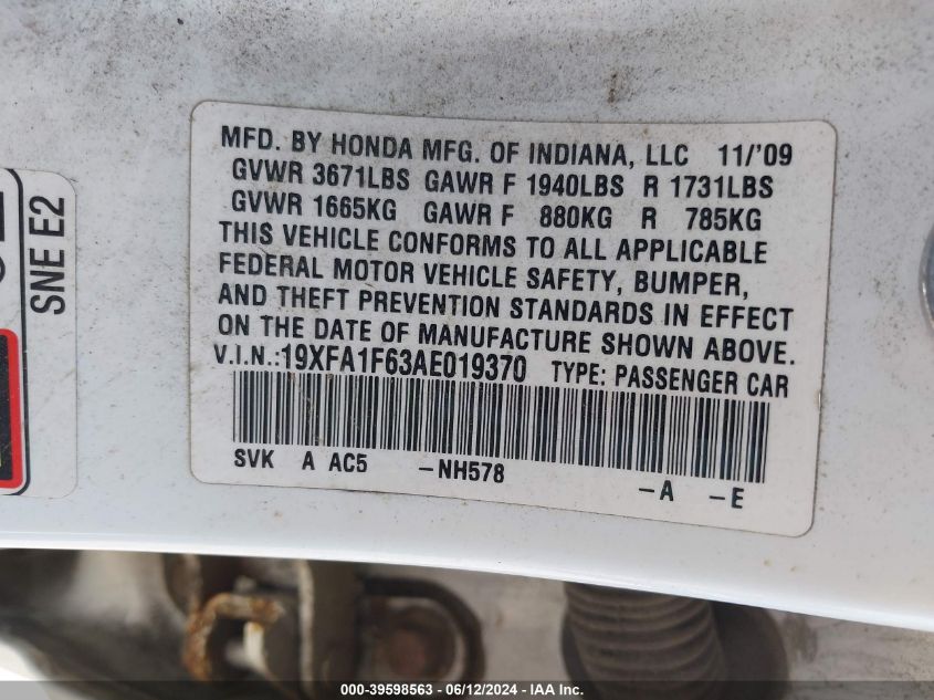 2010 Honda Civic Sdn Lx-S VIN: 19XFA1F63AE019370 Lot: 39598563