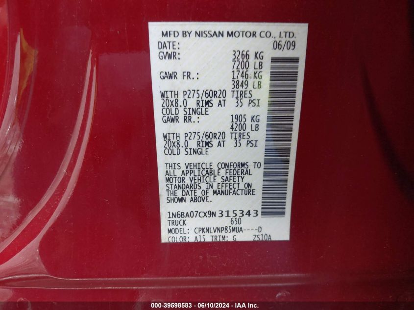 2009 Nissan Titan Le VIN: 1N6BA07CX9N315343 Lot: 39598583