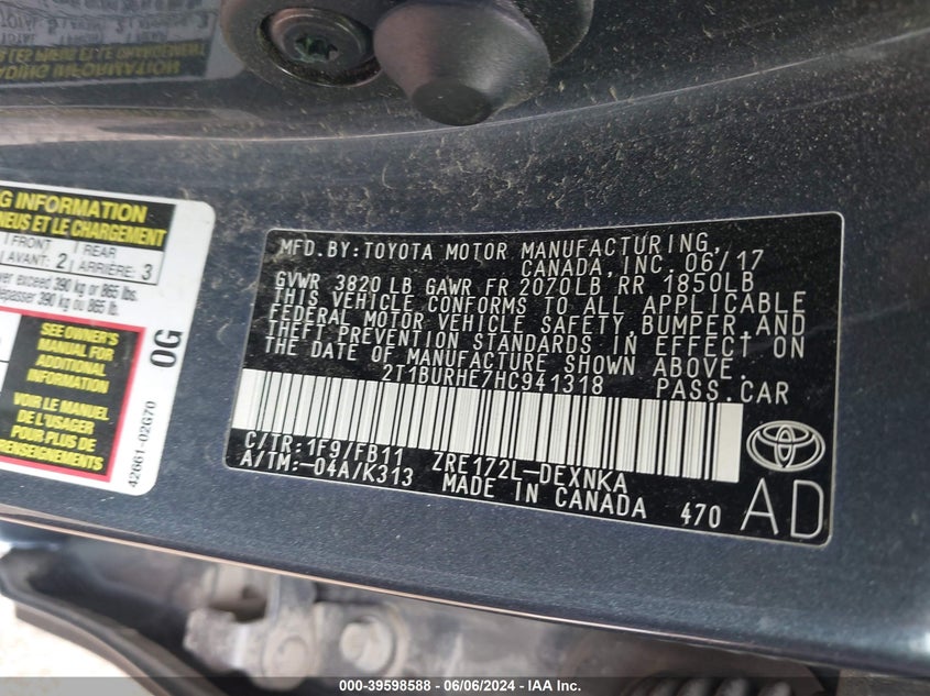 2017 Toyota Corolla Le VIN: 2T1BURHE7HC941318 Lot: 39598588