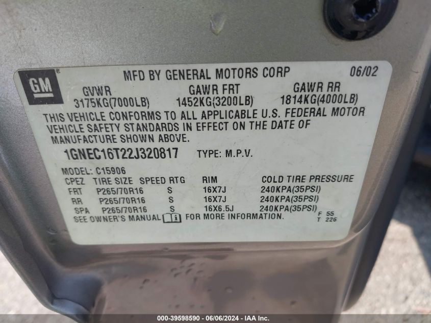 2002 Chevrolet Suburban C1500 VIN: 1GNEC16T22J320817 Lot: 39598590
