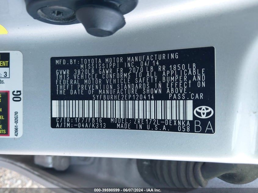 2014 Toyota Corolla L/Le/Le Pls/Prm/S/S Pls VIN: 5YFBURHE2EP120414 Lot: 39598599