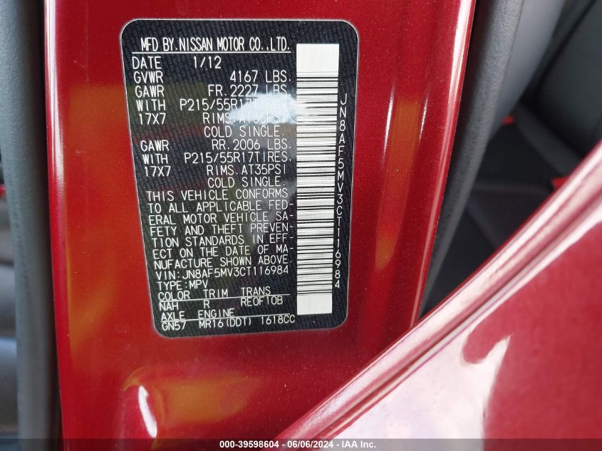 2012 Nissan Juke Sl VIN: JN8AF5MV3CT116984 Lot: 39598604