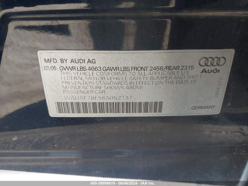 2006 Audi A4 2.0T VIN: WAUAF78E56A052137 Lot: 39598619