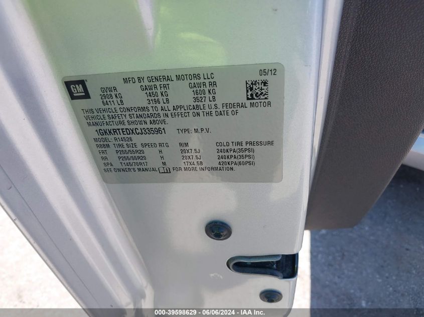 2012 GMC Acadia Denali VIN: 1GKKRTEDXCJ335961 Lot: 39598629