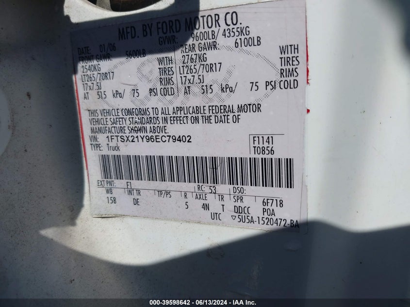 2006 Ford F-250 Lariat/Xl/Xlt VIN: 1FTSX21Y96EC79402 Lot: 39598642