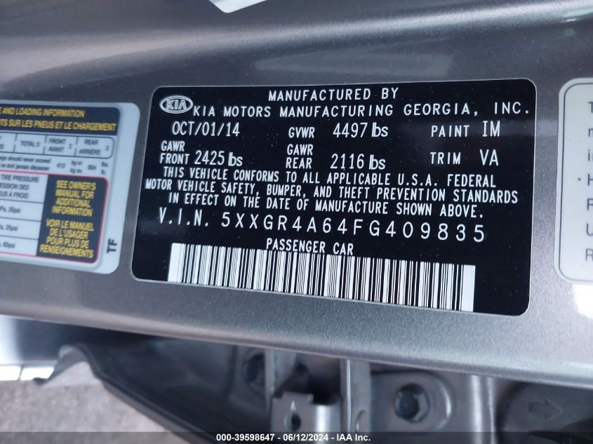 2015 Kia Optima Sxl Turbo VIN: 5XXGR4A64FG409835 Lot: 39598647