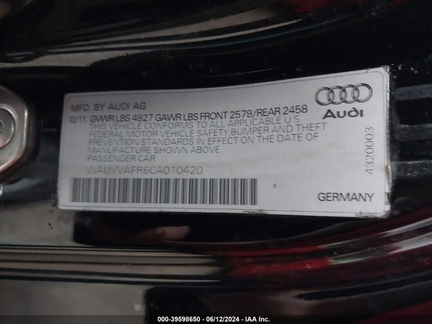 2012 Audi S5 4.2 Premium Plus VIN: WAUVVAFR6CA010420 Lot: 39598650