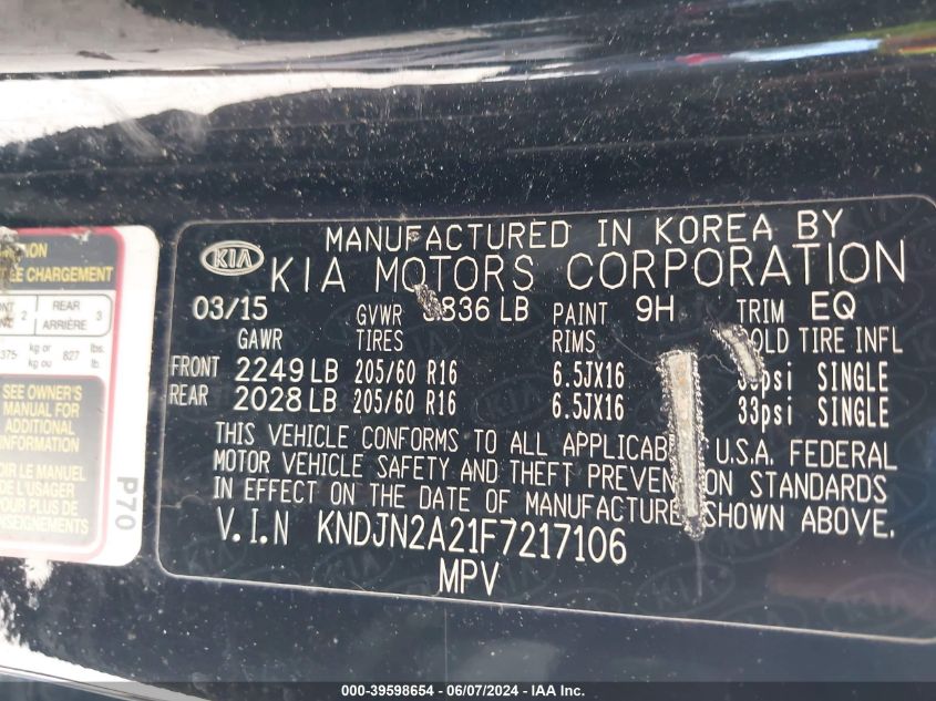 2015 Kia Soul VIN: KNDJN2A21F7217106 Lot: 39598654