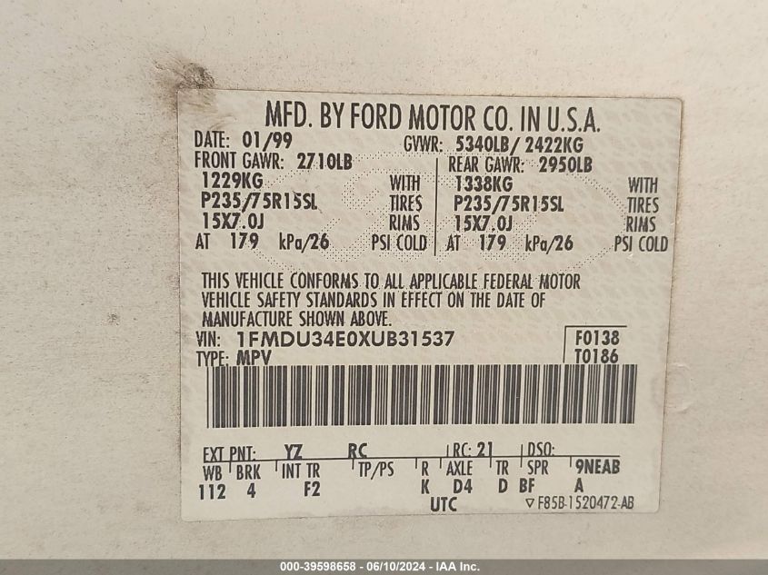 1999 Ford Explorer VIN: 1FMDU34E0XUB31537 Lot: 39598658