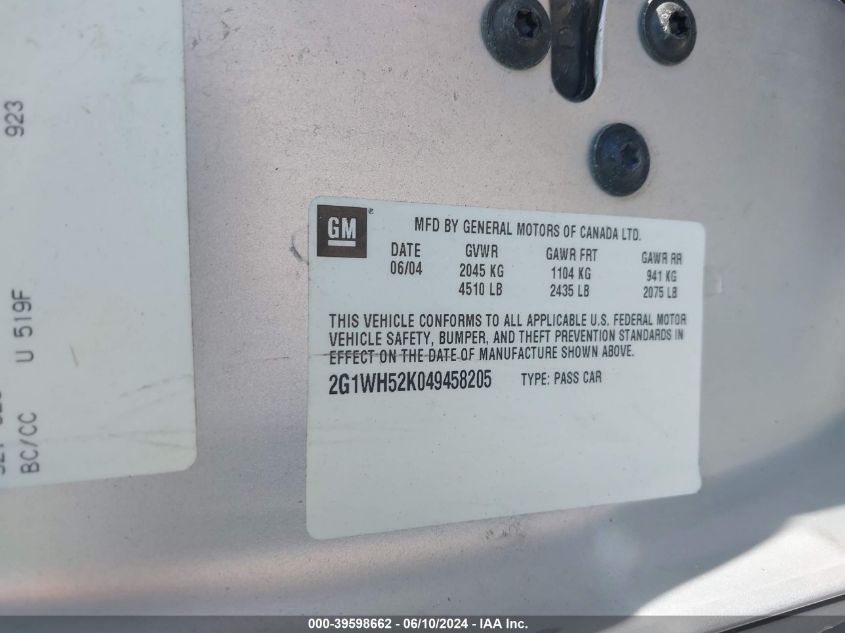 2004 Chevrolet Impala Ls VIN: 2G1WH52K049458205 Lot: 39598662
