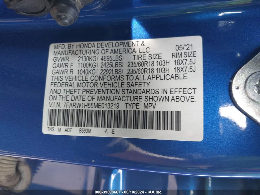 2021 Honda Cr-V 2Wd Ex VIN: 7FARW1H55ME013219 Lot: 39598667