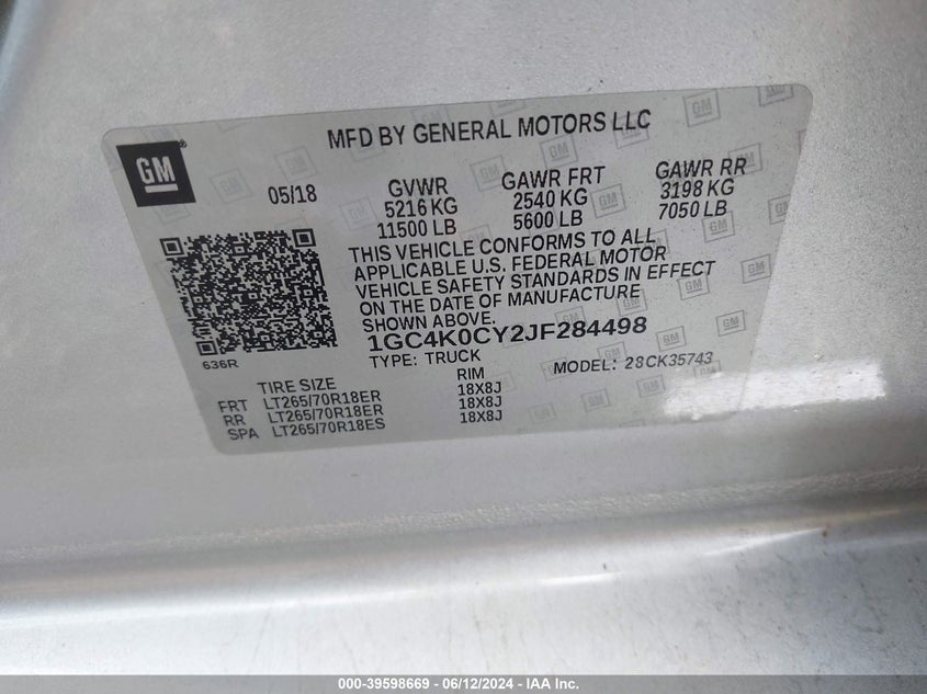 2018 Chevrolet Silverado 3500Hd Ltz VIN: 1GC4K0CY2JF284498 Lot: 39598669