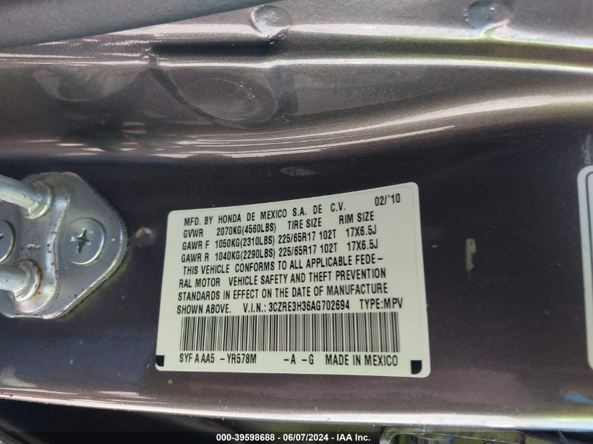 2010 Honda Cr-V Lx VIN: 3CZRE3H36AG702694 Lot: 39598688