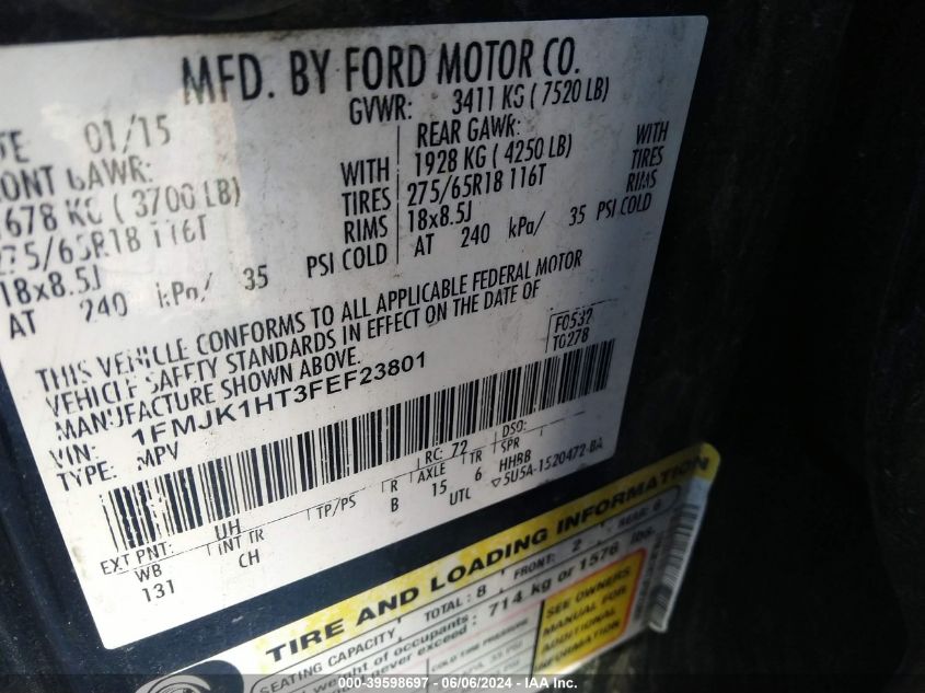 2015 Ford Expedition El Xlt VIN: 1FMJK1HT3FEF23801 Lot: 39598697