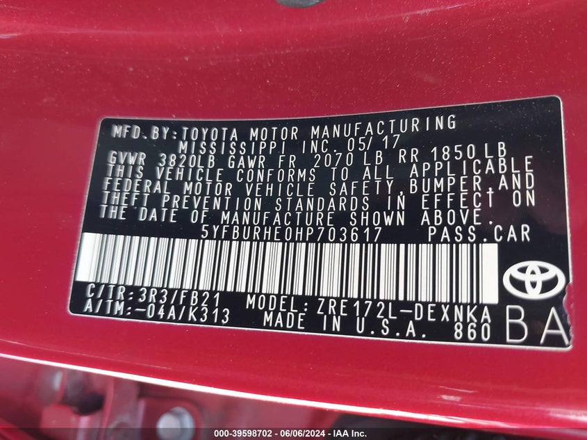 2017 Toyota Corolla Le VIN: 5YFBURHE0HP703617 Lot: 39598702