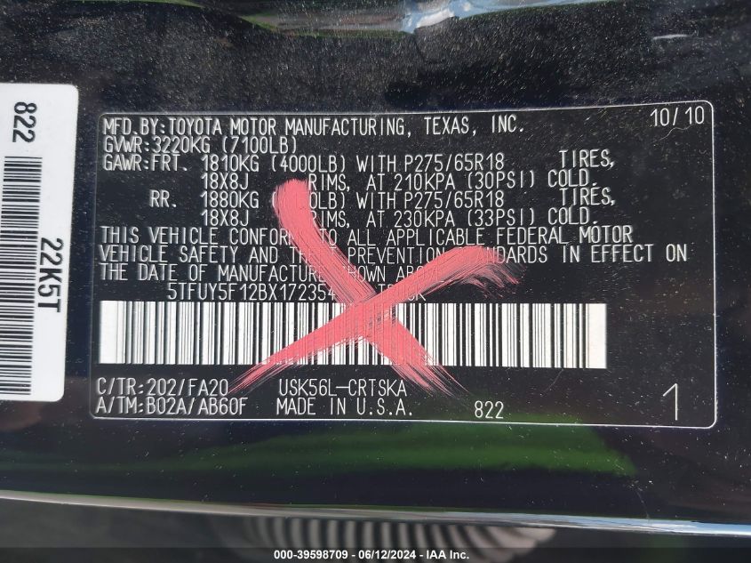 2011 Toyota Tundra Grade 5.7L V8 VIN: 5TFUY5F12BX172354 Lot: 39598709