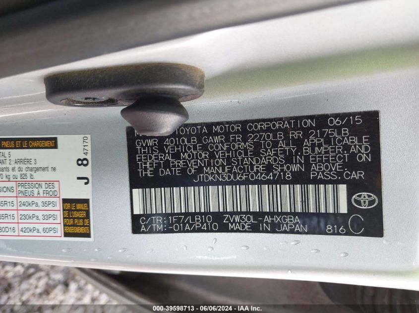 2015 Toyota Prius Four VIN: JTDKN3DU6F0464718 Lot: 39598713