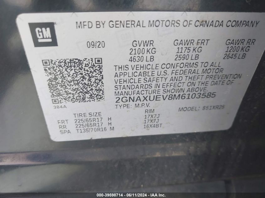 2021 Chevrolet Equinox Awd Lt VIN: 2GNAXUEV8M6103585 Lot: 39598714