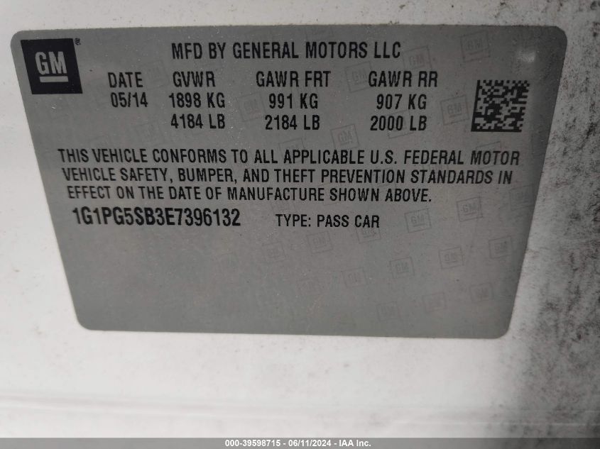 2014 Chevrolet Cruze Ltz VIN: 1G1PG5SB3E7396132 Lot: 39598715