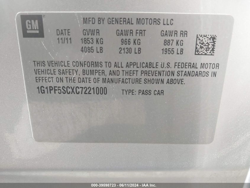 2012 Chevrolet Cruze 1Lt VIN: 1G1PF5SCXC7221000 Lot: 39598723