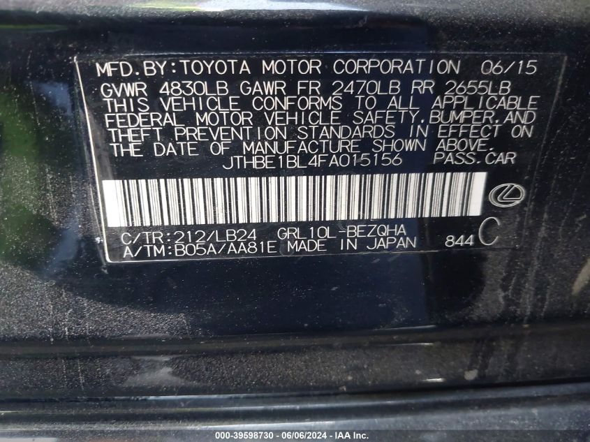 2015 Lexus Gs 350 VIN: JTHBE1BL4FA015156 Lot: 39598730