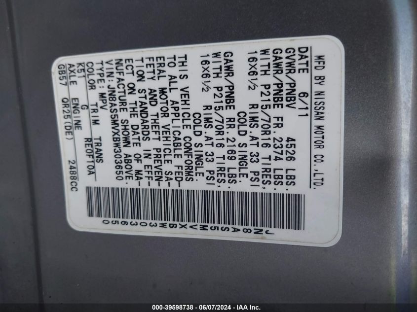 2011 Nissan Rogue S VIN: JN8AS5MVXBW303650 Lot: 39598738