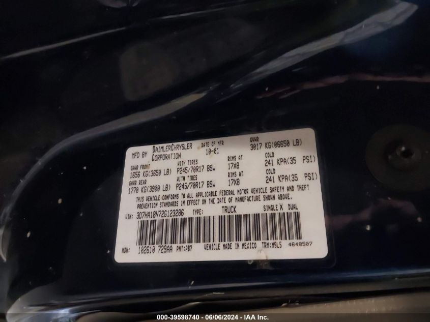 2002 Dodge Ram 1500 St VIN: 3D7HA18N72G123286 Lot: 39598740