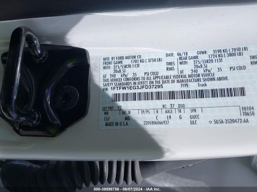 2018 Ford F-150 Xlt VIN: 1FTFW1EG3JFD37295 Lot: 39598756