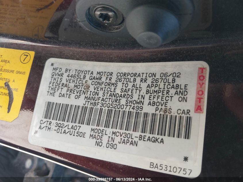 2002 Lexus Es 300 VIN: JTHBF30G520077499 Lot: 39598757