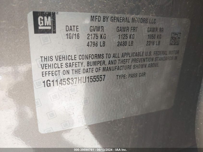 2017 Chevrolet Impala 2Lz VIN: 1G1145S37HU155557 Lot: 39598761