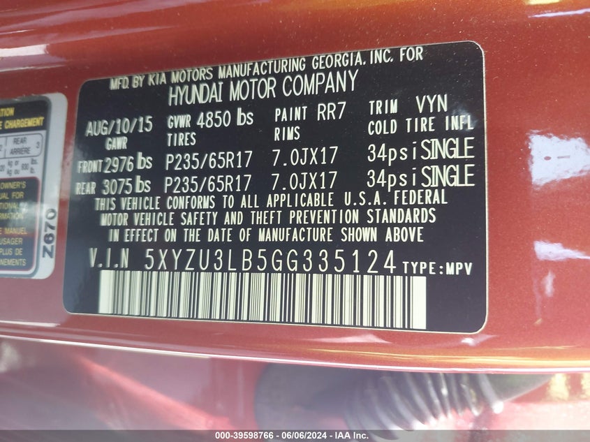 2016 Hyundai Santa Fe Sport 2.4L VIN: 5XYZU3LB5GG335124 Lot: 39598766