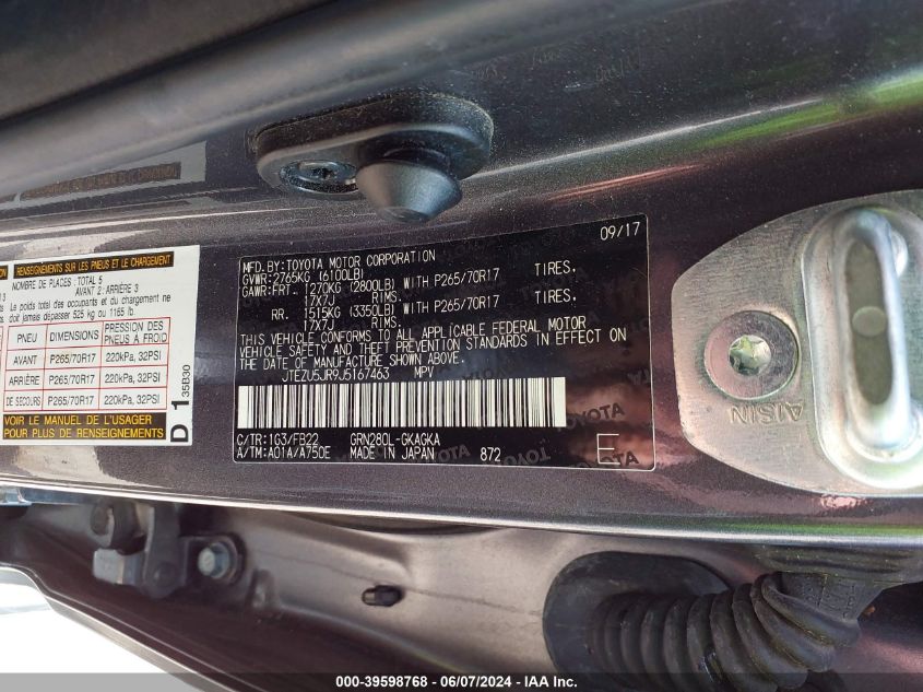 2018 Toyota 4Runner Sr5 VIN: JTEZU5JR9J5167463 Lot: 39598768