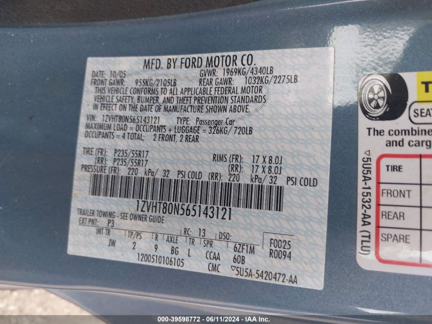 2006 Ford Mustang VIN: 1ZVHT80N565143121 Lot: 39598772