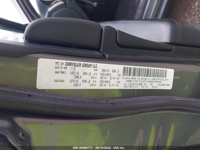 2012 Jeep Grand Cherokee Laredo VIN: 1C4RJFAG7CC219866 Lot: 39598777