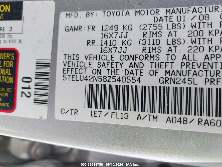 2008 Toyota Tacoma Base V6 VIN: 5TELU42N58Z540554 Lot: 39598780