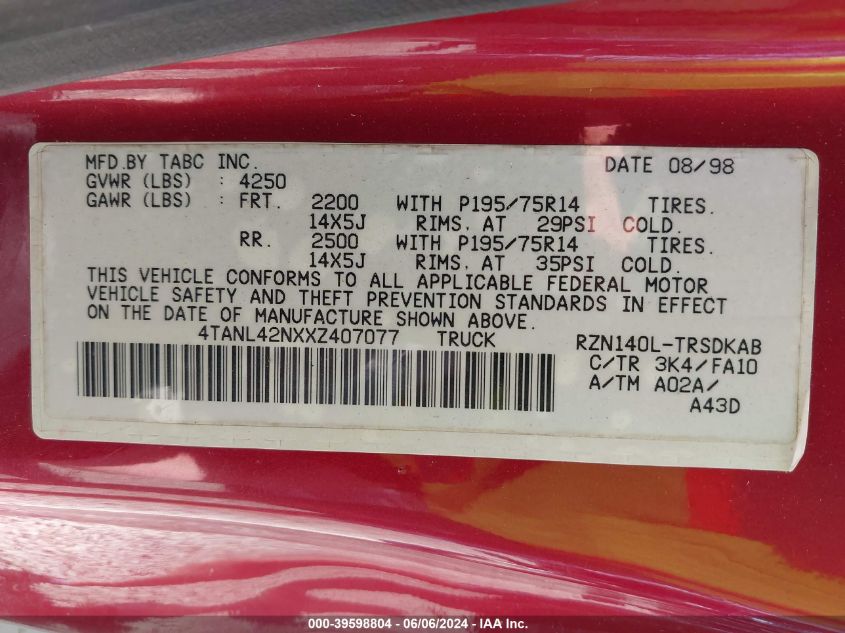 1999 Toyota Tacoma VIN: 4TANL42NXXZ407077 Lot: 39598804