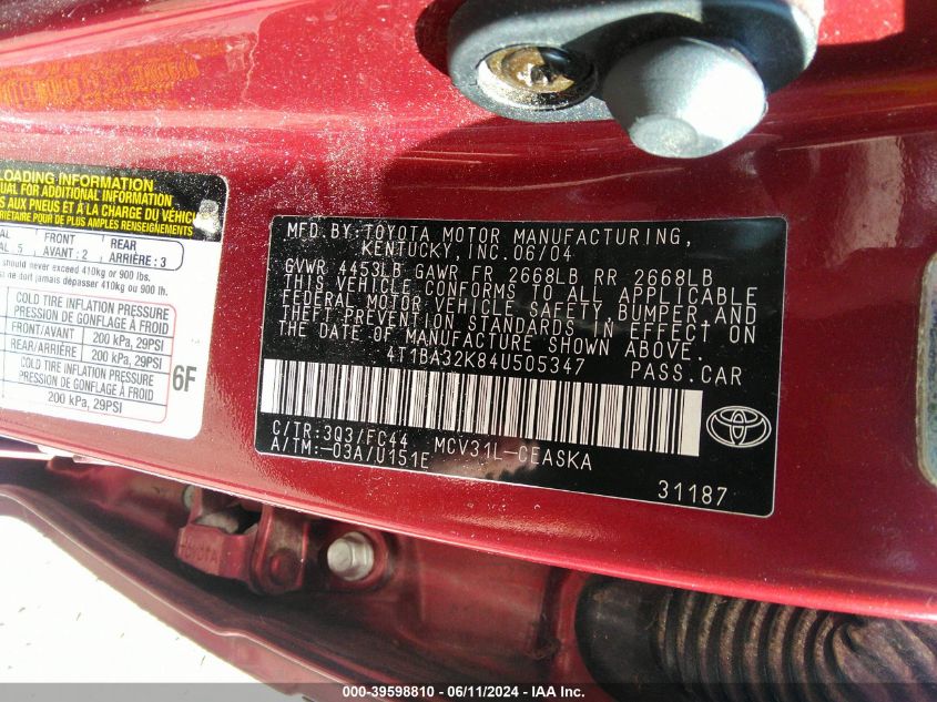 2004 Toyota Camry Se V6 VIN: 4T1BA32K84U505347 Lot: 39598810
