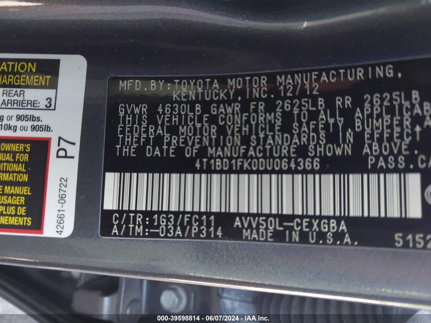 2013 Toyota Camry Hybrid Xle VIN: 4T1BD1FK0DU064366 Lot: 39598814