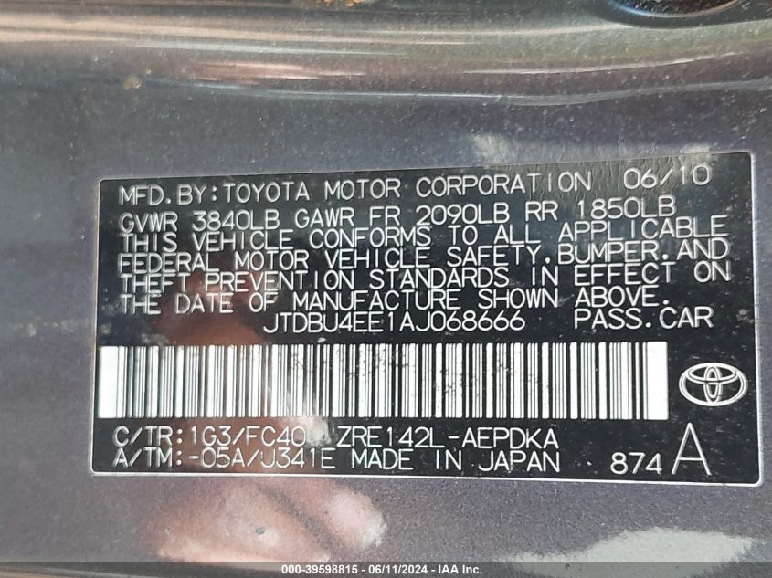 2010 Toyota Corolla Le VIN: JTDBU4EE1AJ068666 Lot: 39598815