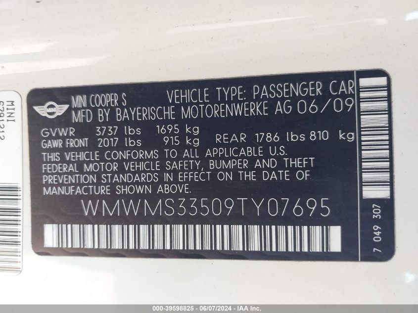 2009 Mini Cooper S VIN: WMWMS33509TY07695 Lot: 39598825