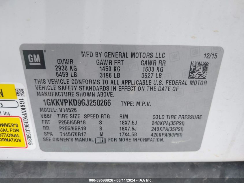 2016 GMC Acadia Sle-2 VIN: 1GKKVPKD9GJ250266 Lot: 39598826