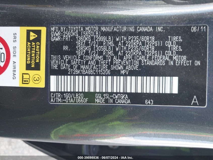 2011 Lexus Rx 350 VIN: 2T2BK1BA8BC115206 Lot: 39598836