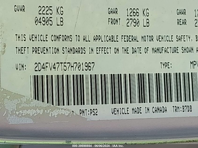 2007 Dodge Magnum VIN: 2D4FV47T57H701967 Lot: 39598854