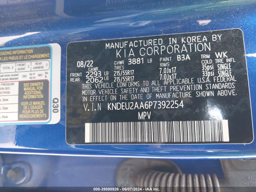 2023 Kia Seltos S VIN: KNDEU2AA6P7392254 Lot: 39598926