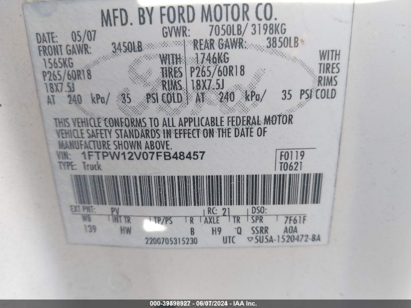 2007 Ford F-150 Lariat/Xlt VIN: 1FTPW12V07FB48457 Lot: 39598927
