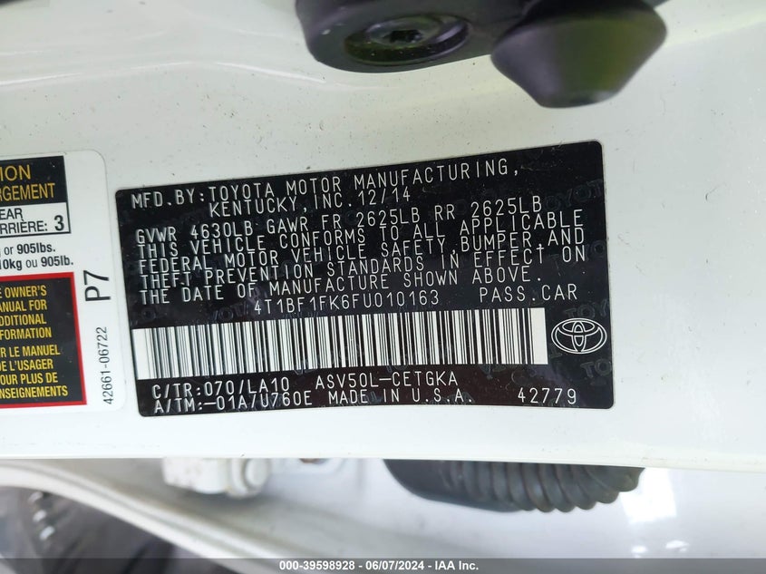 2015 Toyota Camry Xle VIN: 4T1BF1FK6FU010163 Lot: 39598928