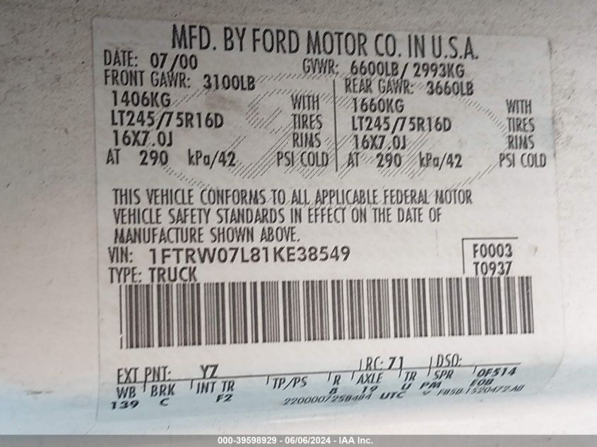 2001 Ford F-150 Harley-Davidson Edition/King Ranch Edition/Lariat/Xlt VIN: 1FTRW07L81KE38549 Lot: 39598929