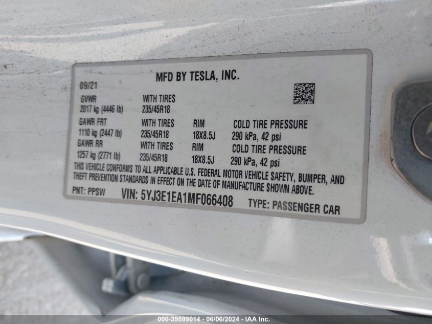 2021 Tesla Model 3 VIN: 5YJ3E1EA1MF066408 Lot: 39599014